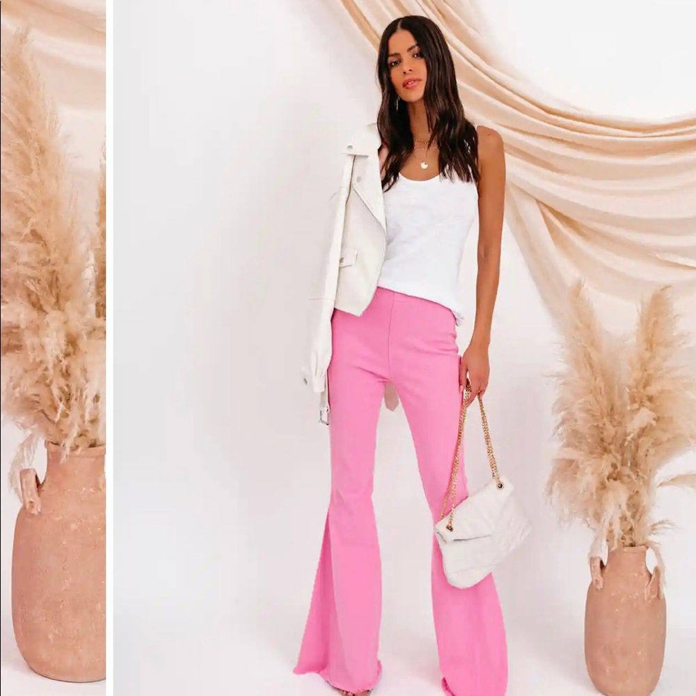BRIGHT + BREEZY BELL BOTTOM DENIM PANTS - PINK